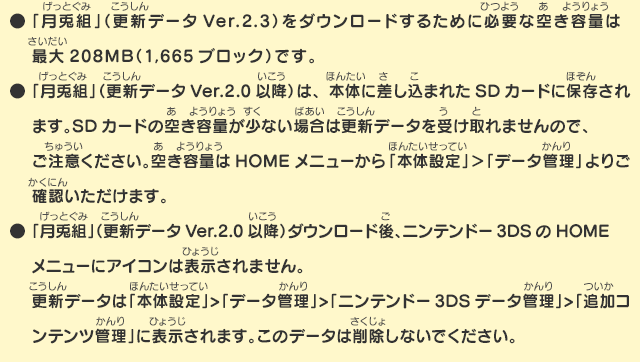 ●「月兎組」（更新データVer.2.3）をダウンロードするために必要な空き容量は最大208MB（1,665ブロック）です。●「月兎組」（更新データVer.2.0以降）は、本体に差し込まれたSDカードに保存されます。SDカードの空き容量が少ない場合は更新データを受け取れませんので、ご注意ください。空き容量はHOMEメニューから「本体設定」＞「データ管理」よりご確認いただけます。●「月兎組」（更新データVer.2.0以降）ダウンロード後、ニンテンドー3DSのHOMEメニューにアイコンは表示されません。更新データは「本体設定」>「データ管理」>「ニンテンドー3DSデータ管理」>「追加コンテンツ管理」に表示されます。このデータは削除しないでください。