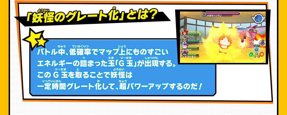 「妖怪のグレート化」 とは？バトル中、低確率でマップ上にものすごいエネルギーの詰まった玉「G玉」が出現する。このG玉を取ることで妖怪は一定時間グレート化して、超パワーアップするのだ！