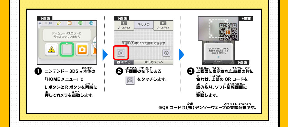 1 ニンテンドー3DSTM本体の「HOMEメニュー」でLボタンとRボタンを同時に押してカメラを起動します。／ ２ 下画面の左下にある(ボタン)をタッチします。／ ３ 上画面に表示された点線の枠に合わせ、上部のQRコードを読み取り、ソフト情報画面に移動します。※QRコードは(株)デンソーウェーブの登録商標です。