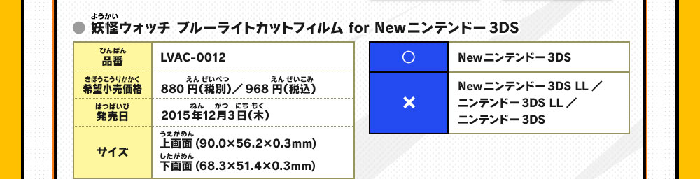 品番：LVAC-0012/希望小売価格：880円（税別）／968円（税込）/発売日：2015年12月3日（木）/サイズ：上画面(90.0×56.2×0.3mm)下画面(68.3×51.4×0.3mm)/◯：Newニンテンドー3DS/×：Newニンテンドー3DS LL／ニンテンドー3DS LL／ニンテンドー3DS