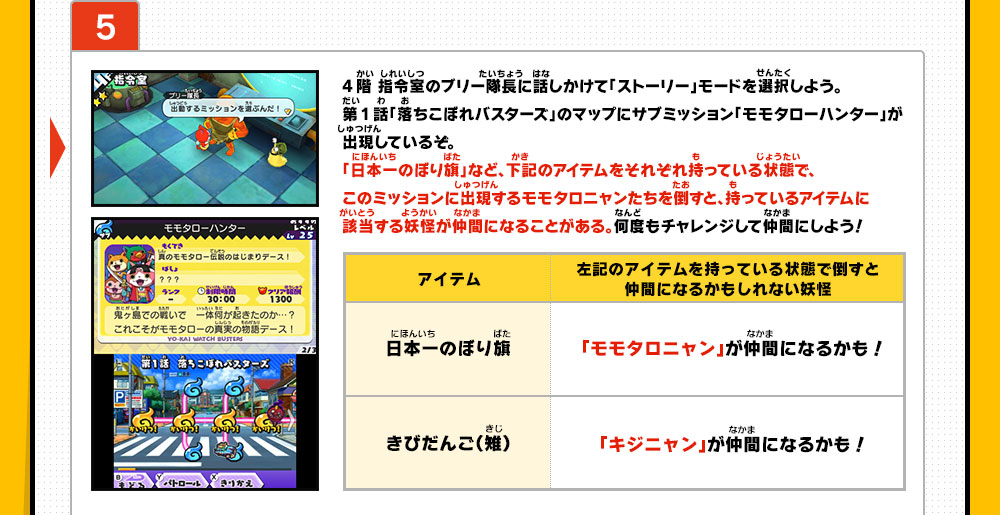 5　4階 指令室のブリー隊長に話しかけて「ストーリー」モードを選択しよう。第1話「落ちこぼれバスターズ」のマップにサブミッション「モモタローハンター」が出現しているぞ。「日本一のぼり旗」など、下記のアイテムをそれぞれ持っている状態で、このミッションに出現するモモタロニャンたちを倒すと、持っているアイテムに該当する妖怪が仲間になることがある。何度もチャレンジして仲間にしよう！