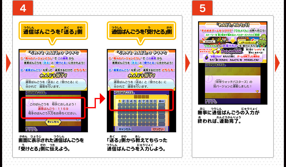 ４ 通信ばんごうを「送る」側 画面に表示された通信ばんごうを
「受けとる」側に伝えよう。通信ばんごうを「受け取る」側 「送る」から教えてもらった通信ばんごうを入力しよう。／５ 無事に通信ばんごうの入力が終われば、連動完了。