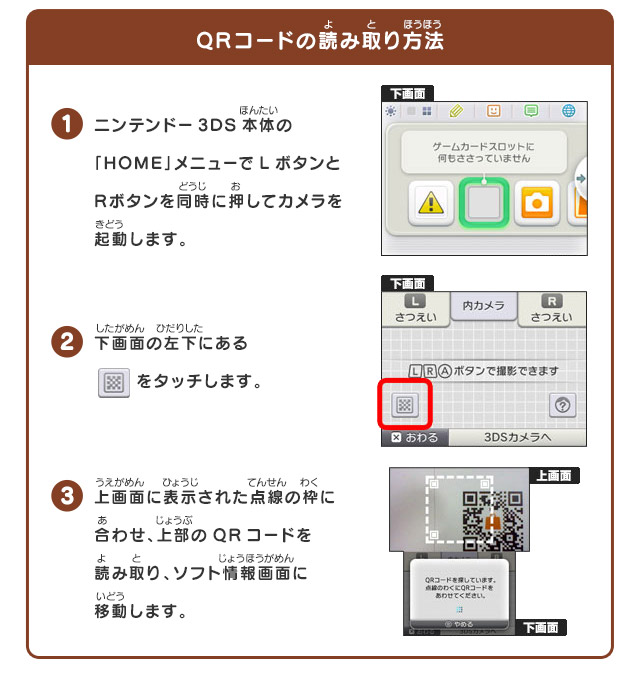 QRコードの読み取り方法/1 ニンテンドー3DS本体の「HOME」メニューでLボタンとRボタンを同時に押してカメラを起動します。 2 下画面の左下にあるをタッチします。 3 上画面に表示された点線の枠に合わせ、上部のQRコードを読み取り、ソフト情報画面に移動します。