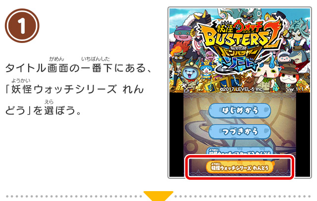 1 タイトル画面の一番下にある、「妖怪ウォッチシリーズ れんどう」を選ぼう。