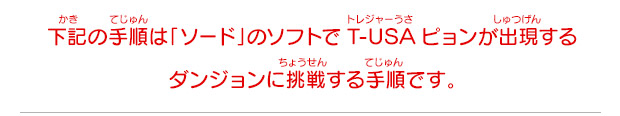 下記の手順は「ソード」のソフトでT-USAピョンが出現するダンジョンに挑戦する手順です。