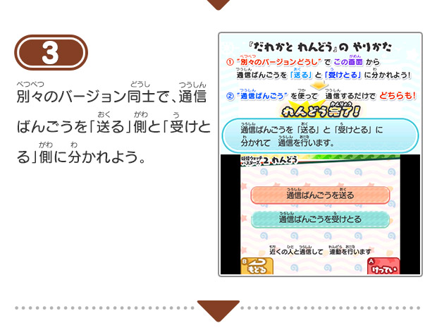 3 別々のバージョン同士で、通信ばんごうを「送る」側と「受けとる」側に分かれよう。