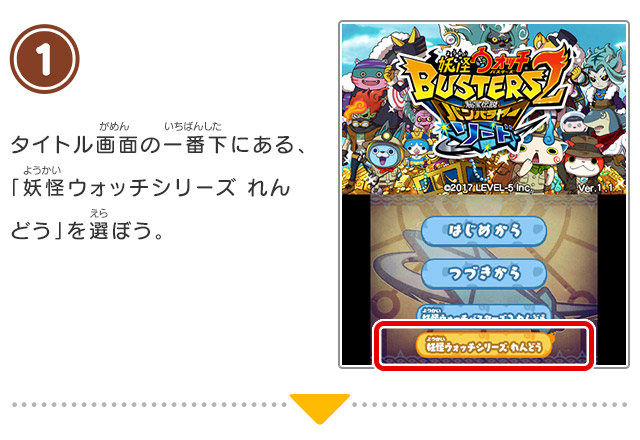 1 タイトル画面の一番下にある、「妖怪ウォッチシリーズ れんどう」を選ぼう。
