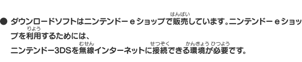 ● ダウンロードソフトはニンテンドーeショップで販売しています。ニンテンドーeショップを利用するためには、ニンテンドー3DSを無線インターネットに接続できる環境が必要です。