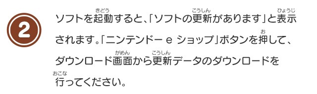 2 ソフトを起動すると、「ソフトの更新があります」と表示されます。「ニンテンドーeショップ」ボタンを押して、ダウンロード画面から更新データのダウンロードを行ってください。