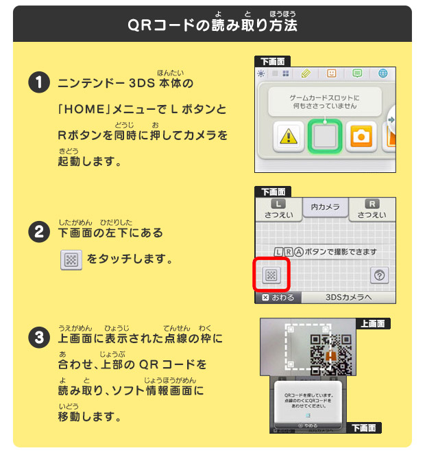 QRコードの読み取り方法/1 ニンテンドー3DS本体の「HOME」メニューでLボタンとRボタンを同時に押してカメラを起動します。 2 下画面の左下にあるをタッチします。 3 上画面に表示された点線の枠に合わせ、上部のQRコードを読み取り、ソフト情報画面に移動します。