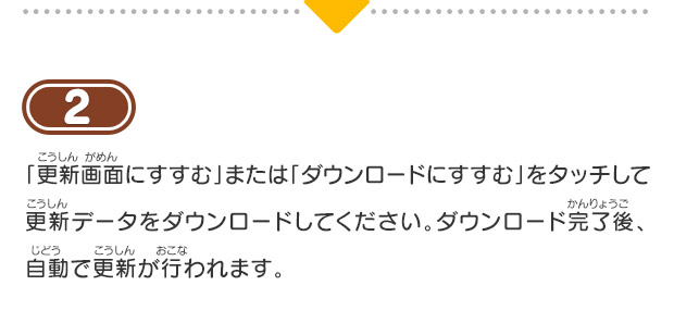 2 「更新画面にすすむ」または「ダウンロードにすすむ」をタッチして更新データをダウンロードしてください。ダウンロード完了後、自動で更新が行われます。