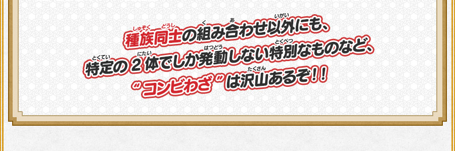 種族同士の組み合わせ以外にも、特定の2体でしか発動しない特別なものなど、“コンビわざ”は沢山あるぞ！！
