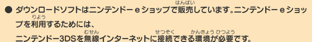 
      ● ダウンロードソフトはニンテンドーeショップで販売しています。ニンテンドーeショップを利用するためには、ニンテンドー3DSを無線インターネットに接続できる環境が必要です。
      