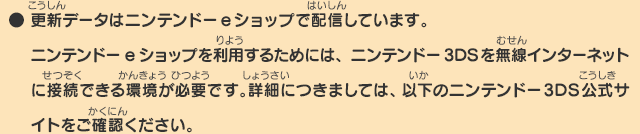 
      ● 更新データはニンテンドーeショップで配信しています。
      ニンテンドーeショップを利用するためには、ニンテンドー3DSを無線インターネットに接続できる環境が必要です。
      詳細につきましては、以下のニンテンドー3DS公式サイトをご確認ください。
      