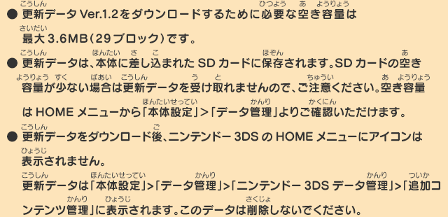 
      ● 更新データVer.1.2をダウンロードするために必要な空き容量は最大3.6MB（29ブロック）です。
      ● 更新データは、本体に差し込まれたSDカードに保存されます。SDカードの空き容量が少ない場合は更新データを受け取れませんので、ご注意ください。
      空き容量はHOMEメニューから「本体設定」＞「データ管理」よりご確認いただけます。
      ● 更新データをダウンロード後、ニンテンドー3DSのHOMEメニューにアイコンは表示されません。
      更新データは「本体設定」>「データ管理」>「ニンテンドー3DSデータ管理」>「追加コンテンツ管理」に表示されます。このデータは削除しないでください。
      