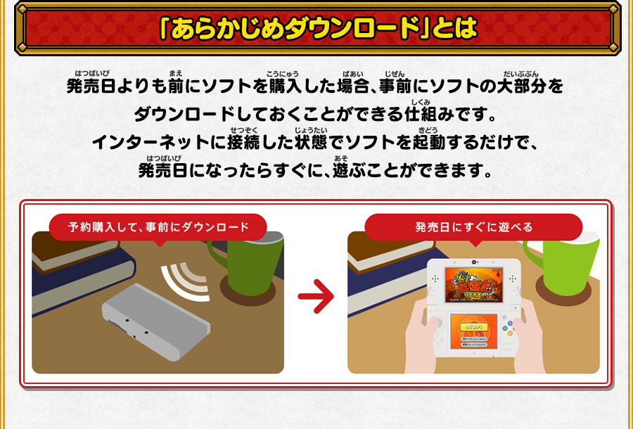 
      「あらかじめダウンロード」とは
      発売日よりも前にソフトを購入した場合、事前にソフトの大部分をダウンロードしておくことができる仕組みです。
      インターネットに接続した状態でソフトを起動するだけで、発売日になったらすぐに、遊ぶことができます。
