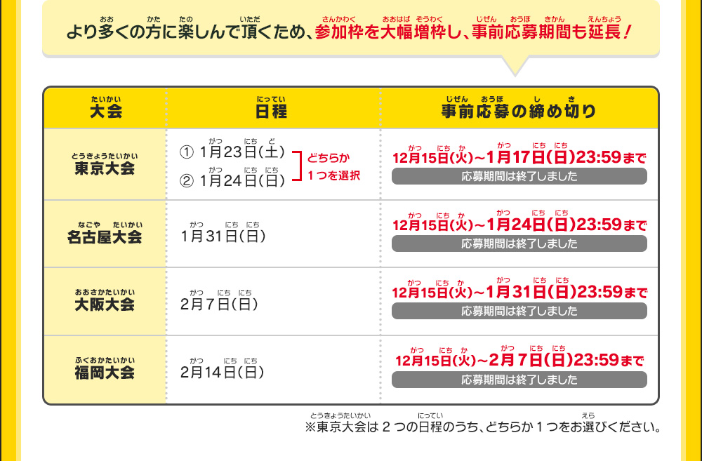 【東京大会】①1月23日（土）② 1月24日（日）どちらか1つを選択／12月15日（火）～1月17日（日）23:59まで（応募期間は終了しました）どちらか1つを選択【名古屋大会】1月31日（日）／12月15日（火）～1月24日（日）23:59まで（応募期間は終了しました）【大阪大会】2月7日（日）／12月15日（火） ～1月31日（日）23:59まで （応募期間は終了しました）【福岡大会】2月14日（日）／12月15日（火） ～2月7日（日）23:59まで （応募期間は終了しました） ※東京大会は2つの日程のうち、どちらか1つをお選びください。