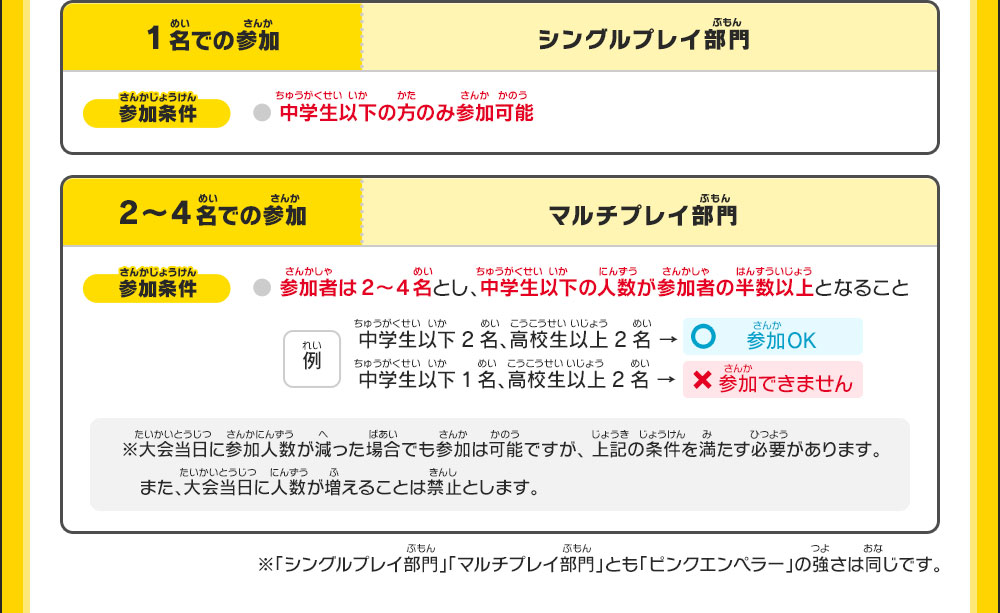 【1名での参加 シングルプレイ部門】●中学生以下の方のみ参加可能／【2～4名での参加 マルチプレイ部門】●参加者は2～4名とし、中学生以下の人数が参加者の半数以上となること※大会当日に参加人数が減った場合でも参加は可能ですが、上記の条件を満たす必要があります。また、大会当日に人数が増えることは禁止とします。※「シングルプレイ部門」「マルチプレイ部門」とも「ピンクエンペラー」の強さは同じです。