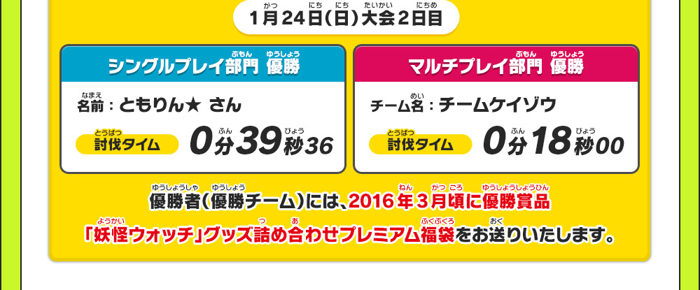 1月24日（日）大会2日目 シングルプレイ部門 優勝 名前：ともりん★ さん 討伐タイム 0分39秒36  マルチプレイ部門 優勝 チーム名：チームケイゾウ 討伐タイム 0分18秒00 優勝者（優勝チーム）には、2016年3月頃に優勝賞品「妖怪ウォッチ」グッズ詰め合わせプレミアム福袋をお送りいたします。