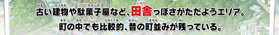 古い建物や駄菓子屋など、田舎っぽさがただようエリア。町の中でも比較的、昔の町並みが残っている。