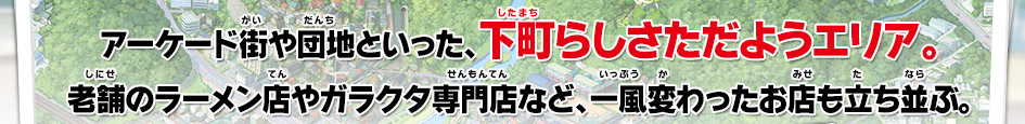 アーケード街や団地といった、下町らしさただようエリア。老舗のラーメン店やガラクタ専門店など、一風変わったお店も立ち並ぶ。