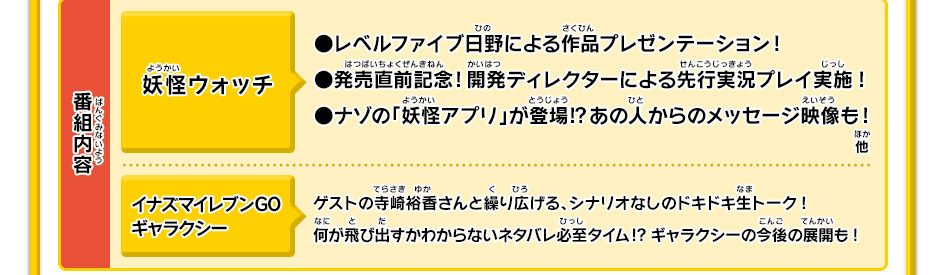 妖怪ウォッチ
●レベルファイブ日野による作品プレゼンテーション!●発売直前記念! 開発ディレクターによる先行実況プレイ実施!●ナゾの「妖怪アプリ」が登場!?あの人からのメッセージ映像も!イナズマイレブンGOギャラクシーゲストの寺崎裕香さんと繰り広げる、シナリオなしのドキドキ生トーク! 何が飛び出すかわからないネタバレ必至タイム!?ギャラクシーの今後の展開も!