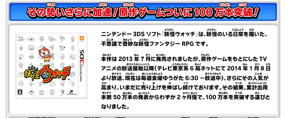 その勢いさらに加速！原作ゲームついに100万本突破！ ニンテンドー3DSソフト『妖怪ウォッチ』は、妖怪のいる日常を描いた、不思議で奇妙な妖怪ファンタジーRPGです。
本作は2013年7月に発売されましたが、原作ゲームをもとにしたTVアニメの放送開始以降（テレビ東京系6局ネットにて2014年1月8日より放送、現在は毎週金曜ゆうがた6:30～放送中）、さらにその人気が高まり、いまだに売り上げを伸ばし続けております。その結果、累計出荷本数50万本の発表からわずか2ヶ月強で、100万本を突破する運びとなりました。