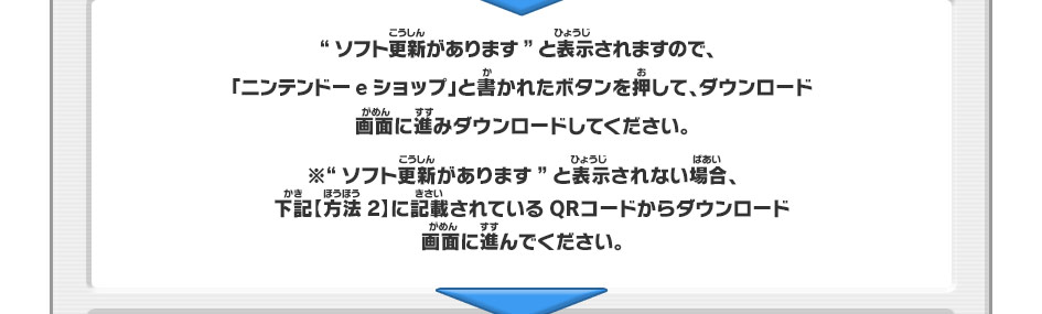 “ソフト更新があります”と表示されますので、「ニンテンドーeショップ」と書かれたボタンを押して、ダウンロード画面に進みダウンロードしてください。※“ソフト更新があります”と表示されない場合、　下記【方法2】に記載されているQRコードからダウンロード画面に進んでください。