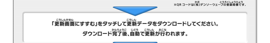 「更新画面にすすむ」をタッチして更新データをダウンロードしてください。ダウンロード完了後、自動で更新が行われます。