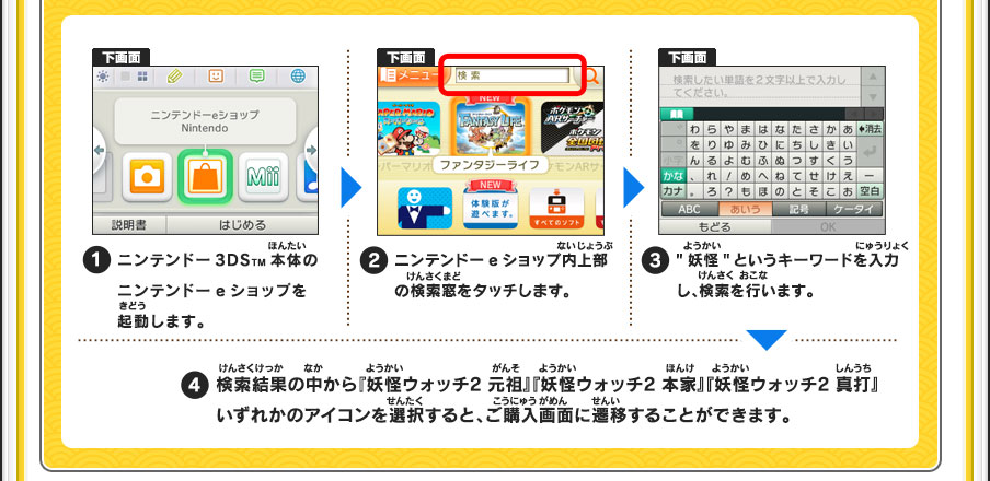 【1】ニンテンドー3DSTM本体のニンテンドーeショップを起動します。【2】ニンテンドーeショップ内上部の検索窓をタッチします。【3】妖怪というキーワードを入力し、検索を行います。【4】検索結果の中から『妖怪ウォッチ2 元祖』『妖怪ウォッチ2 本家』『妖怪ウォッチ2 真打』いずれかのアイコンを選択すると、ご購入画面に遷移することができます。