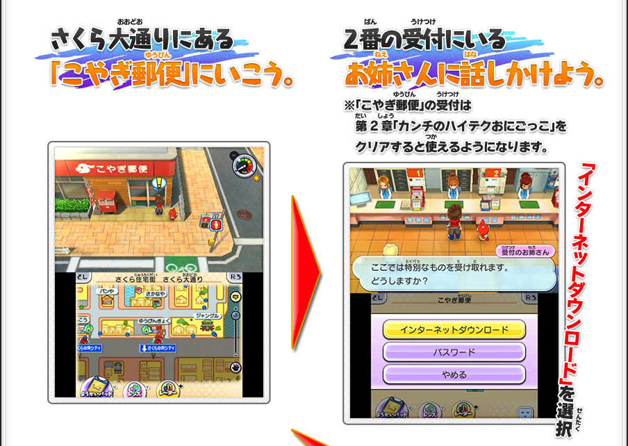 さくら大通りにある「こやぎ郵便」にいこう。｜2番の受付にいるお姉さんに話しかけよう。※「こやぎ郵便」の受付は第2章「カンチのハイテクおにごっこ」をクリアすると使えるようになります。｜「インターネットダウンロード」を選択