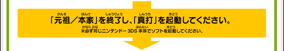 「元祖／本家」を終了し、「真打」を起動してください。※必ず同じニンテンドー3DS本体でソフトを起動してください。