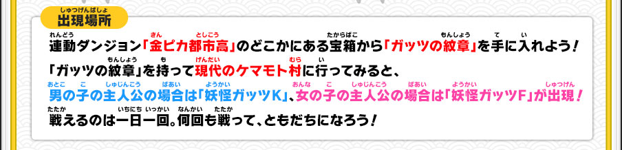 出現場所 連動ダンジョン「金ピカ都市高」のどこかにある宝箱から「ガッツの紋章」を手に入れよう！「ガッツの紋章」を持って現代のケマモト村に行ってみると、男の子の主人公の場合は「妖怪ガッツK」、女の子の主人公の場合は「妖怪ガッツF」が出現！戦えるのは一日一回。何回も戦って、ともだちになろう！