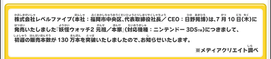 株式会社レベルファイブ（本社：福岡市中央区、代表取締役社長／CEO：日野晃博）は、7月10日（木）に発売いたしました『妖怪ウォッチ2 元祖／本家』（対応機種：ニンテンドー3DSTM）につきまして、初週の販売本数が130万本を突破いたしましたので、お知らせいたします。※メディアクリエイト調べ