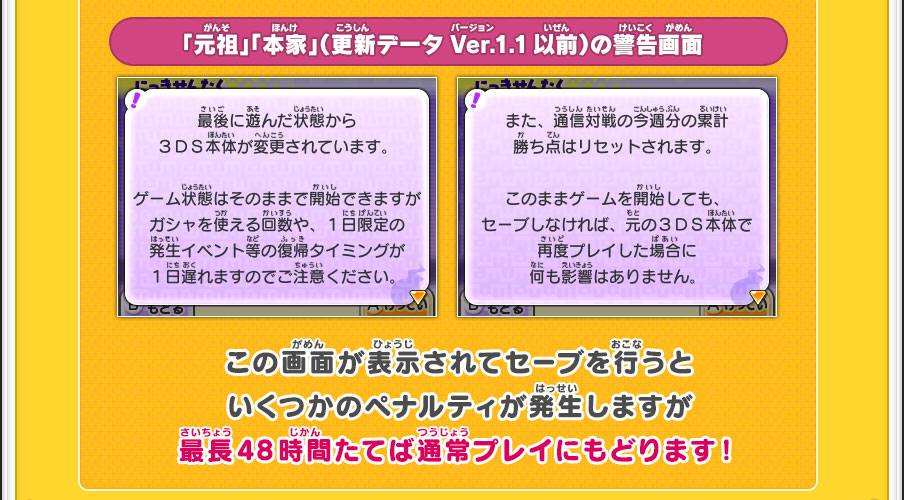 「元祖」「本家」（更新データVer.1.1以前）の警告画面／この画面が表示されてセーブを行うといくつかのペナルティが発生しますが最長48時間たてば通常プレイにもどります！