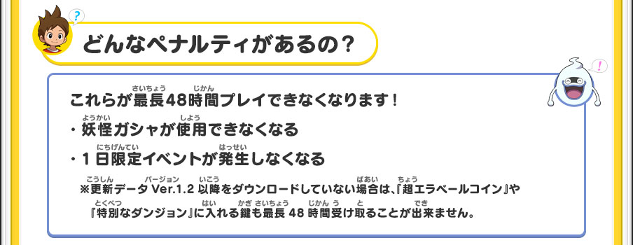 どんなペナルティがあるの？／これらが最長48時間プレイできなくなります！・妖怪ガシャが使用できなくなる・1日限定イベントが発生しなくなる※更新データVer.1.2以降をダウンロードしていない場合は、『超エラベールコイン』や　『特別なダンジョン』に入れる鍵も最長48時間受け取ることが出来ません。