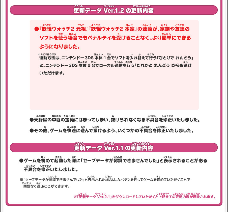 更新データVer.1.2の更新内容／●『妖怪ウォッチ2 元祖』『妖怪ウォッチ2 本家』の連動が、家族や友達の ソフトを使う場合でもペナルティを受けることなく、より簡単にできるようになりました。連動方法は、ニンテンドー3DS本体1台でソフトを入れ替えて行う「ひとりで れんどう」と、ニンテンドー3DS本体2台でローカル通信を行う「だれかと れんどう」からお選びいただけます。●天野家の中庭の宝箱にはまってしまい、抜けられなくなる不具合を修正いたしました。●その他、ゲームを快適に遊んで頂けるよう、いくつかの不具合を修正いたしました。／更新データVer.1.1の更新内容／●ゲームを初めて起動した際に「セーブデータが認識できませんでした」と表示されることがある不具合を修正いたしました。※「セーブデータが認識できませんでした」と表示された場合は、Aボタンを押してゲームを進めていただくことで問題なく遊ぶことができます。※「更新データVer.2.1」をダウンロードしていただくと上記全ての更新内容が反映されます。