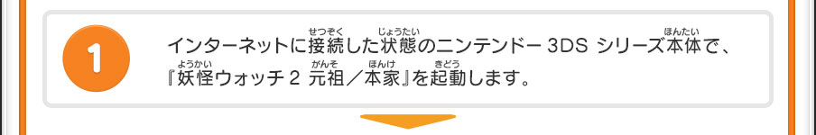 インターネットに接続した状態のニンテンドー3DS シリーズ本体で、『妖怪ウォッチ2 元祖／本家』を起動します。