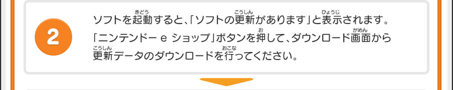 ソフトを起動すると、「ソフトの更新があります」と表示されます。「ニンテンドーe ショップ」ボタンを押して、ダウンロード画面から更新データのダウンロードを行ってください。