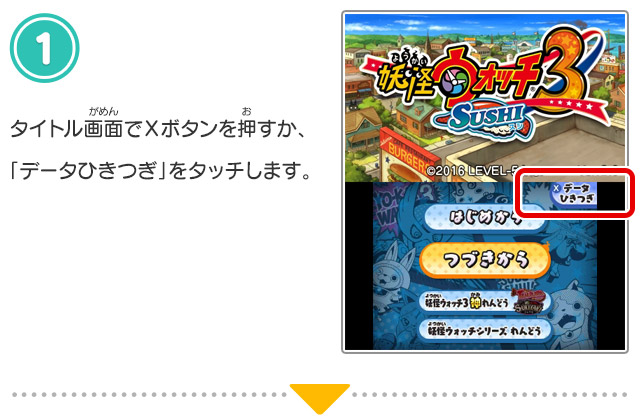 タイトル画面でＸボタンを押すか、「データひきつぎ」をタッチします。