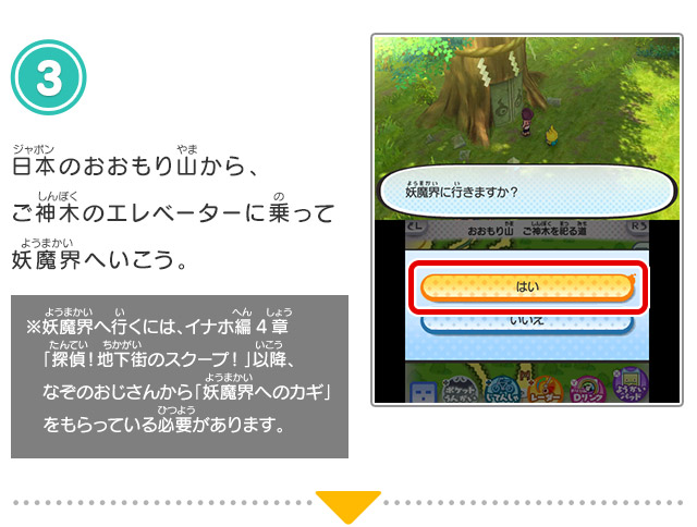 3.日本のおおもり山から、ご神木のエレベーターに乗って妖魔界へいこう。※妖魔界へ行くには、イナホ編4章「探偵！地下街のスクープ！」以降、なぞのおじさんから「妖魔界へのカギ」をもらっている必要があります。