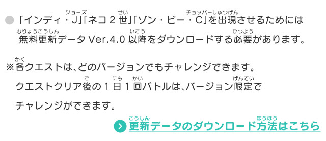 「インディ・J」「ネコ2世」「ゾン・ビー・C」を出現させるためには無料更新データVer.4.0以降をダウンロードする必要があります。 ※各クエストは、どのバージョンでもチャレンジできます。クエストクリア後の1日1回バトルは、バージョン限定でチャレンジができます。