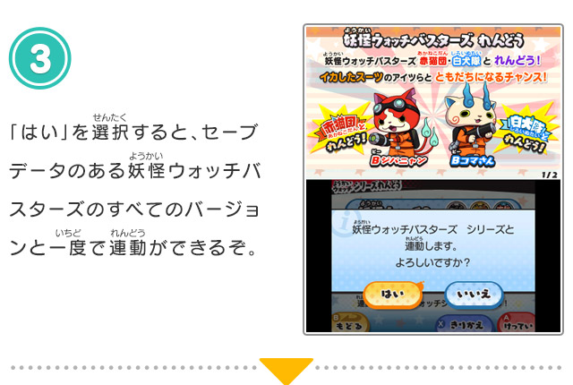 3.「はい」を選択すると、セーブデータのある妖怪ウォッチバスターズのすべてのバージョンと一度で連動ができるぞ。