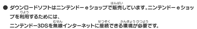 ● ダウンロードソフトはニンテンドーeショップで販売しています。ニンテンドーeショップを利用するためには、　ニンテンドー3DSを無線インターネットに接続できる環境が必要です。