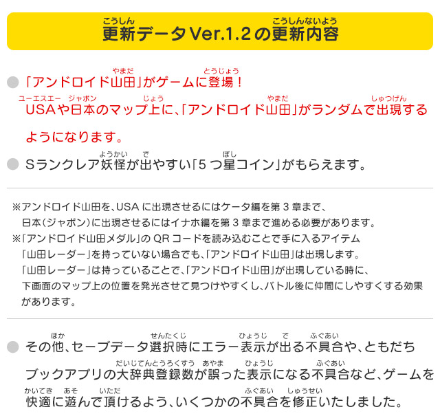 更新データVer.1.2の更新内容 「アンドロイド山田」がゲームに登場!USAや日本のマップ上に、「アンドロイド山田」がランダムで出現するようになります。Sランクレア妖怪が出やすい「5つ星コイン」がもらえます。 ※アンドロイド山田を、USAに出現させるにはケータ編を第3章まで、　日本（ジャポン）に出現させるにはイナホ編を第3章まで進める必要があります。※「アンドロイド山田メダル」のQRコードを読み込むことで手に入るアイテム「山田レーダー」を持っていない場合でも、「アンドロイド山田」は出現します。「山田レーダー」は持っていることで、「アンドロイド山田」が出現している時に、下画面のマップ上の位置を発光させて見つけやすくし、バトル後に仲間にしやすくする効果があります。その他、セーブデータ選択時にエラー表示が出る不具合や、ともだちブックアプリの大辞典登録数が誤った表示になる不具合など、ゲームを快適に遊んで頂けるよう、いくつかの不具合を修正いたしました。