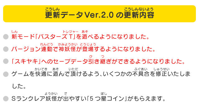 更新データVer.2.0の更新内容 ゲームを快適に遊んで頂けるよう、いくつかの不具合を修正いたしました。Sランクレア妖怪が出やすい「5つ星コイン」がもらえます。※2016年9月28日（水）以降、インターネット通信を使った「対戦」「交換」をおこなうためには、更新データVer.1.4のダウンロードが必要です。※すでにVer.1. 3までを取得して「5つ星コイン」を入手された方もVer.1. 4を取得することで、新たに「5つ星コイン」を入手することが可能です。また、 Ver.1.3までを取得していなかった方はVer.1.4を取得することで受け取っていなかった「5つ星コイン」をまとめて入手できます。※Ver.1.4に更新してセーブをおこなうと、以前のバージョンに戻すことはできません。セーブをした後にSDカードにある更新データを削除するとゲーム内に警告文が出ますが、再度、最新の更新データを入れることで表示されなくなりますので、ご安心ください。※更新データの取得で入手できる「5つ星コイン」は、セーブデータを引き継いだ「スキヤキ」では受け取ることができませんのでご注意ください。