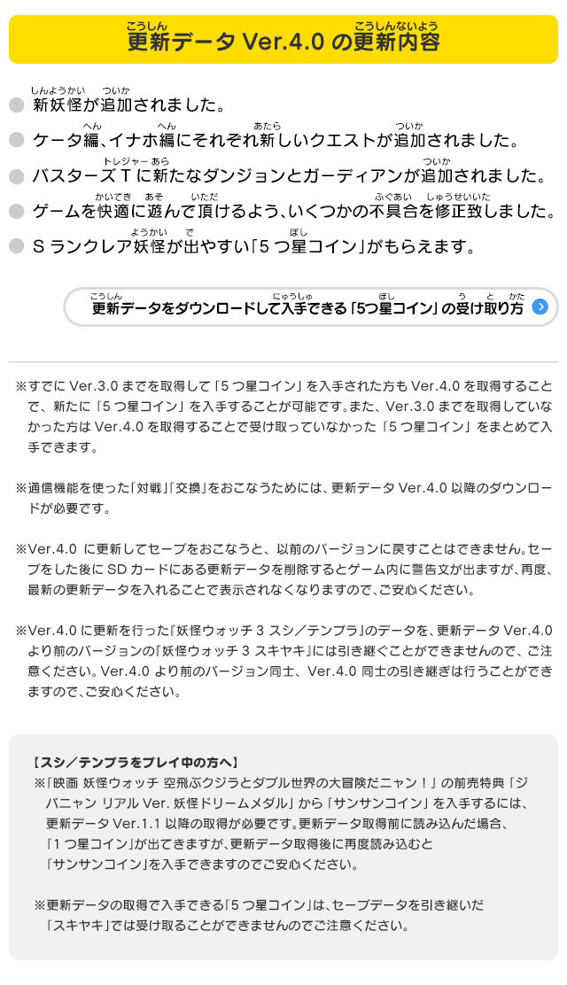 ・新妖怪が追加されました。 ・ケータ編、イナホ編にそれぞれ新しいクエストが追加されました。 ・バスターズTに新たなダンジョンとガーディアンが追加されました。 ・ゲームを快適に遊んで頂けるよう、いくつかの不具合を修正致しました。 ・Sランクレア妖怪が出やすい「5つ星コイン」がもらえます。 ※すでにVer.3.0までを取得して「5つ星コイン」を入手された方もVer.4.0を取得することで、新たに「5つ星コイン」を入手することが可能です。また、 Ver.3.0までを取得していなかった方はVer.4.0を取得することで受け取っていなかった「5つ星コイン」をまとめて入手できます。 ※通信機能を使った「対戦」「交換」をおこなうためには、更新データVer.4.0以降のダウンロードが必要です。 ※Ver.4.0に更新してセーブをおこなうと、以前のバージョンに戻すことはできません。セーブをした後にSDカードにある更新データを削除するとゲーム内に警告文が出ますが、再度、最新の更新データを入れることで表示されなくなりますので、ご安心ください。 ※Ver.4.0に更新を行った『妖怪ウォッチ3 スシ／テンプラ』のデータを、更新データVer.4.0より前のバージョンの『妖怪ウォッチ3 スキヤキ』には引き継ぐことができませんので、ご注意ください。Ver.4.0より前のバージョン同士、Ver.4.0同士の引き継ぎは行うことができますので、ご安心ください。