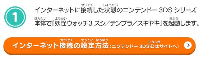 1.インターネットに接続した状態のニンテンドー3DSシリーズ本体で『妖怪ウォッチ3 スシ／テンプラ／スキヤキ』を起動します。