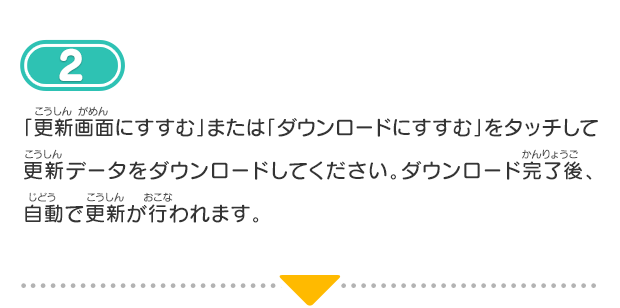 2.「更新画面にすすむ」または「ダウンロードにすすむ」をタッチして更新データをダウンロードしてください。ダウンロード完了後、自動で更新が行われます。