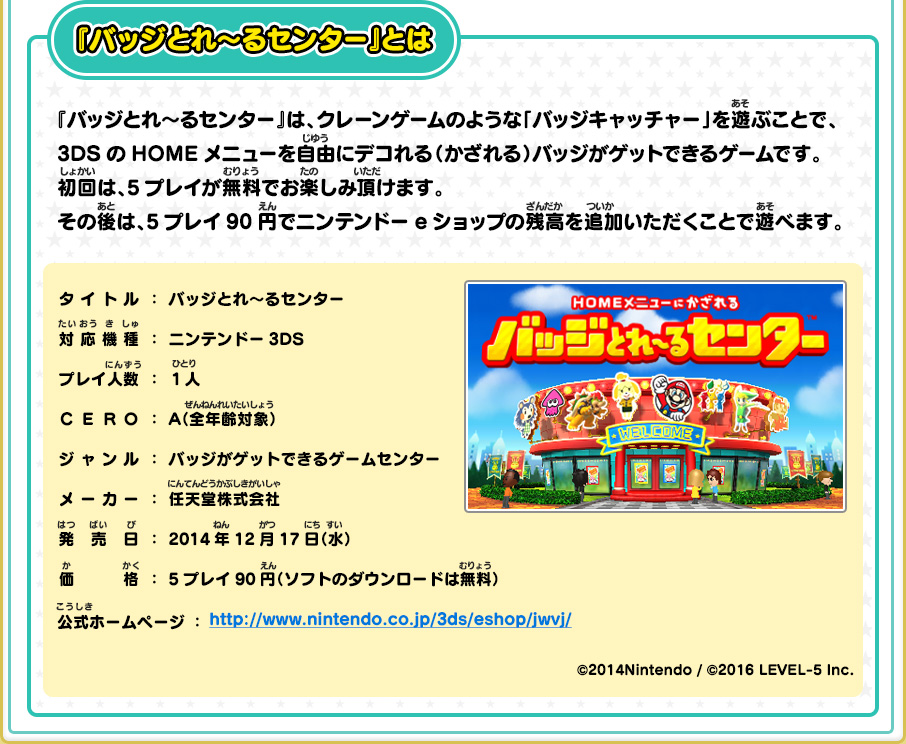 『バッジとれ～るセンター』とは 『バッジとれ～るセンター』は、クレーンゲームのような「バッジキャッチャー」を遊ぶことで、3DSのHOMEメニューを自由にデコれる（かざれる）バッジがゲットできるゲームです。初回は、5プレイが無料でお楽しみ頂けます。その後は、5プレイ90円でニンテンドーeショップの残高を追加いただくことで遊べます。 タイトル:バッジとれ～るセンター 対応機種:ニンテンドー3DS プレイ人数:1人 ＣＥＲＯ:A（全年齢対象） ジャンル:バッジがゲットできるゲームセンター メーカー:任天堂株式会社 発売日:2014年12月17日（水） 価格:5プレイ90円（ソフトのダウンロードは無料） 公式ホームページ：http://www.nintendo.co.jp/3ds/eshop/jwvj/ ©2014Nintendo / ©2016 LEVEL-5 Inc.